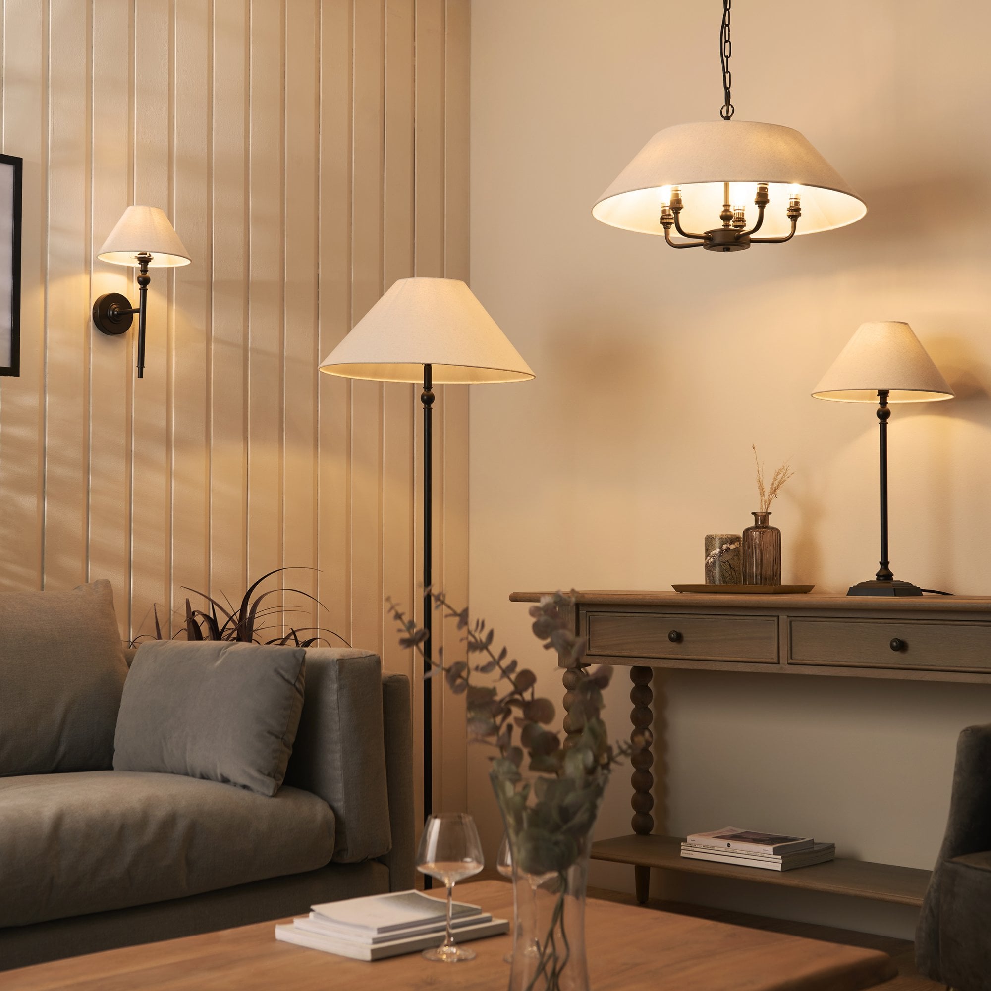 Lille Floor Lamp In Matt Black Finish With Natural Linen Shade 117830