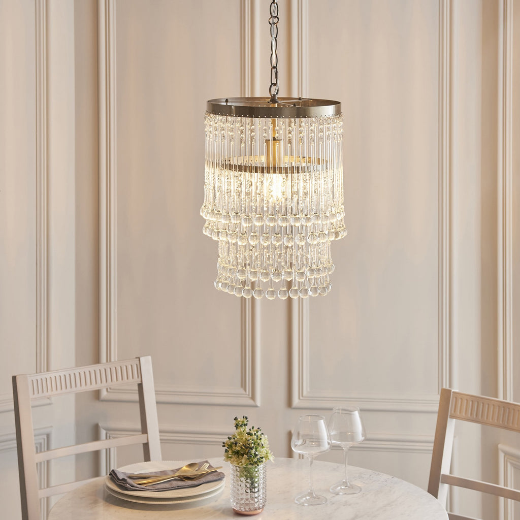 Genevieve Ceiling Pendant Light In Antique Brass With Clear Glass Droplets 104503