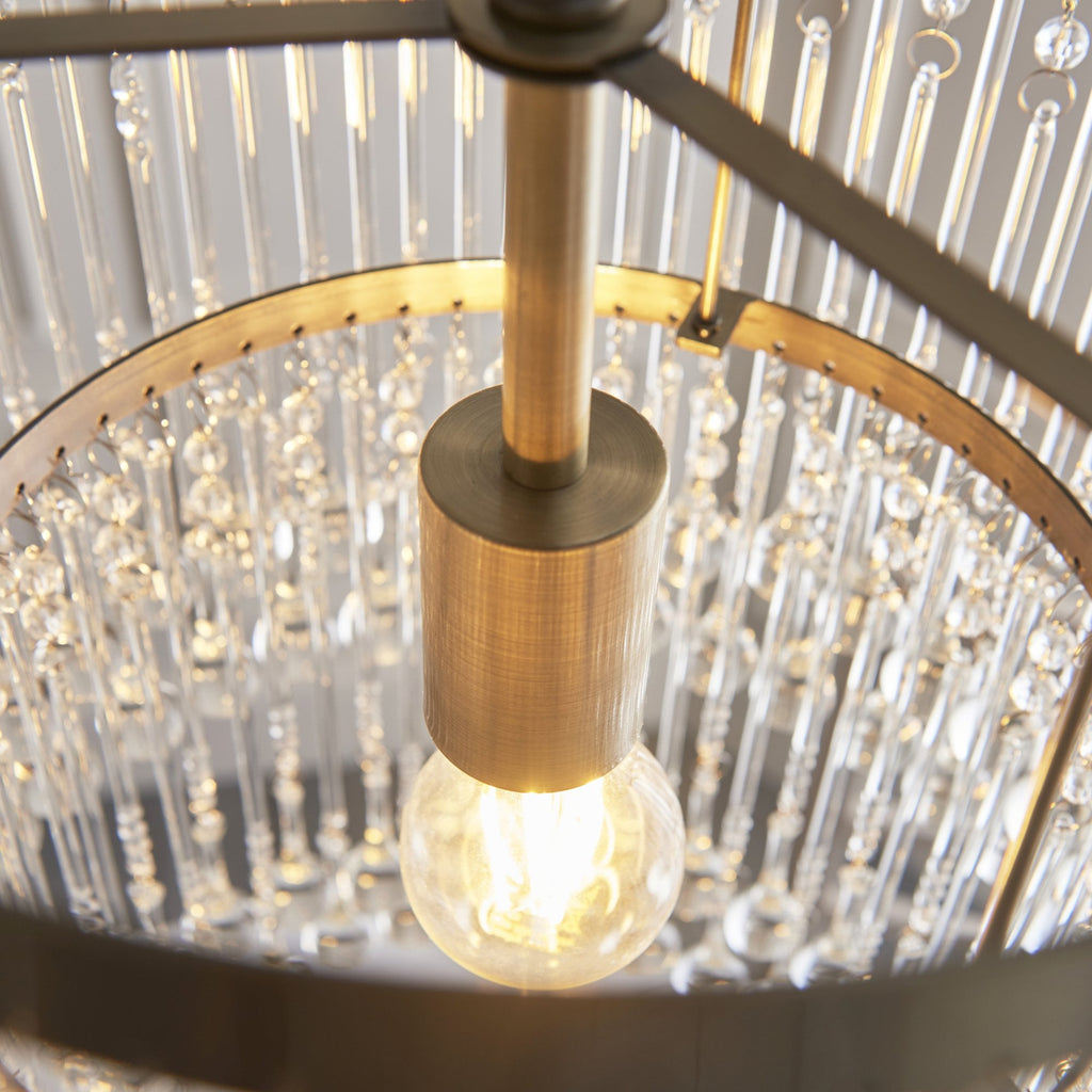 Genevieve Ceiling Pendant Light In Antique Brass With Clear Glass Droplets 104503