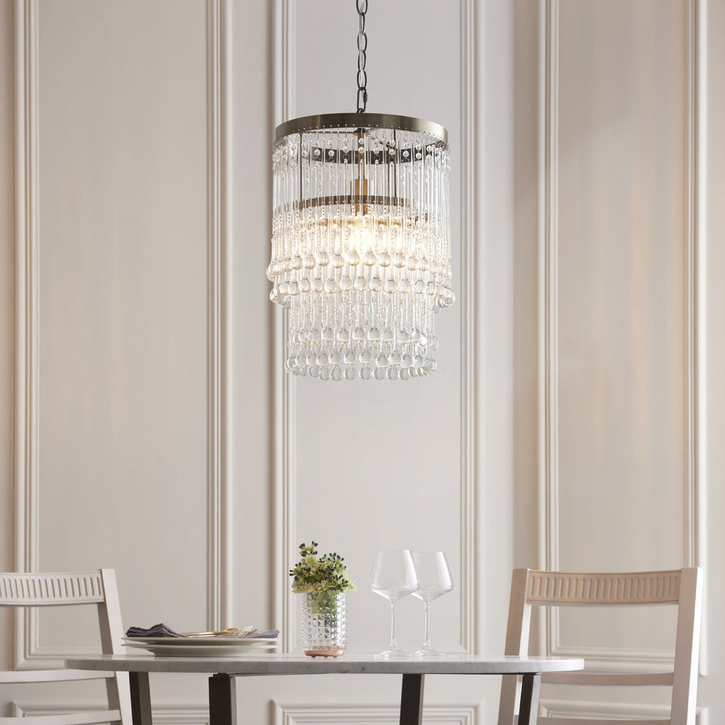 Genevieve Ceiling Pendant Light In Antique Brass With Clear Glass Droplets 104503