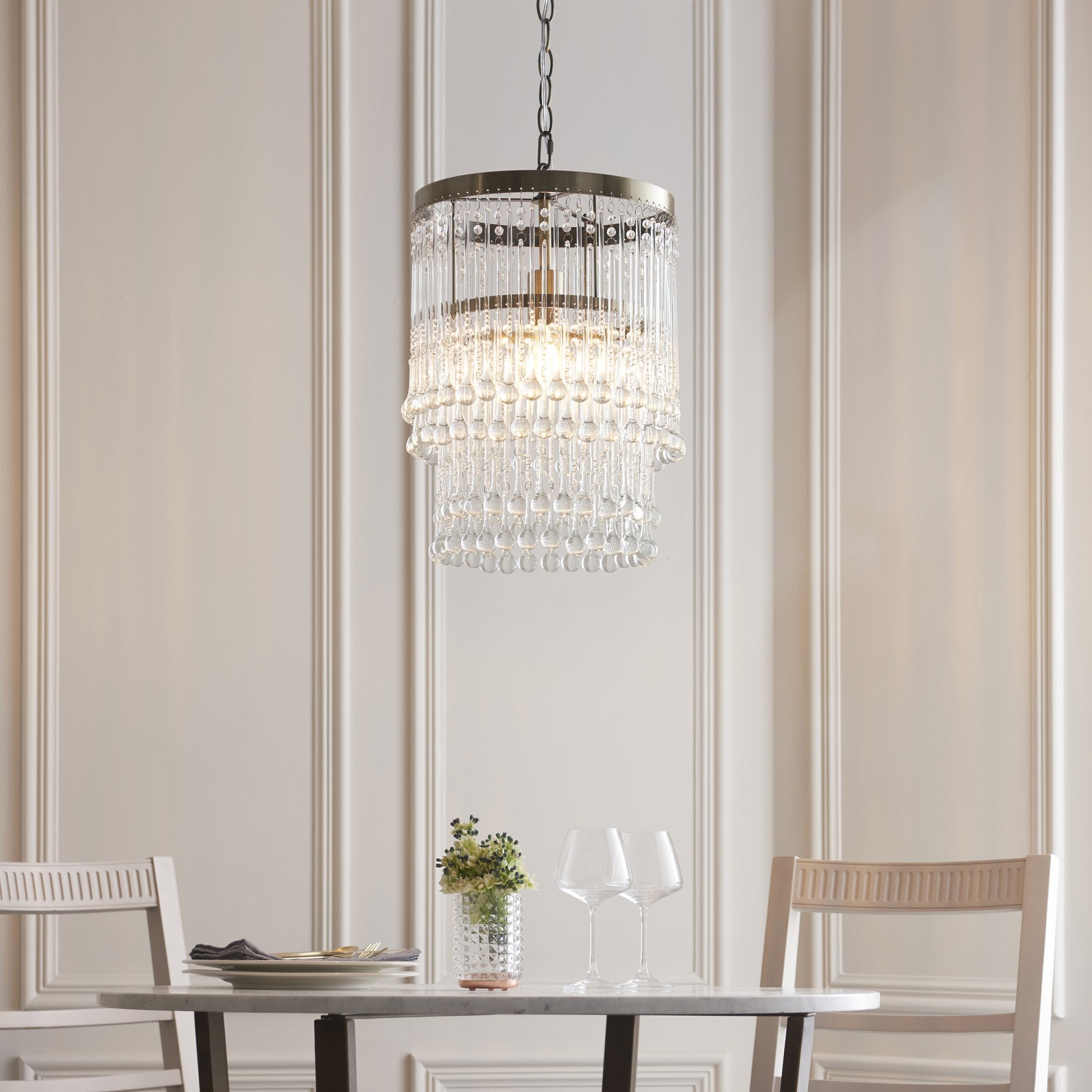 Genevieve Ceiling Pendant Light In Antique Brass With Clear Glass Droplets 104503