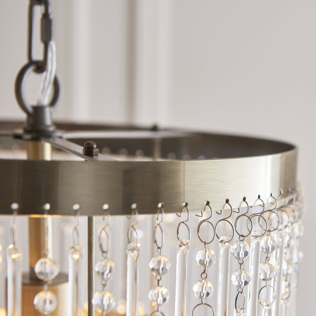 Genevieve Ceiling Pendant Light In Antique Brass With Clear Glass Droplets 104503