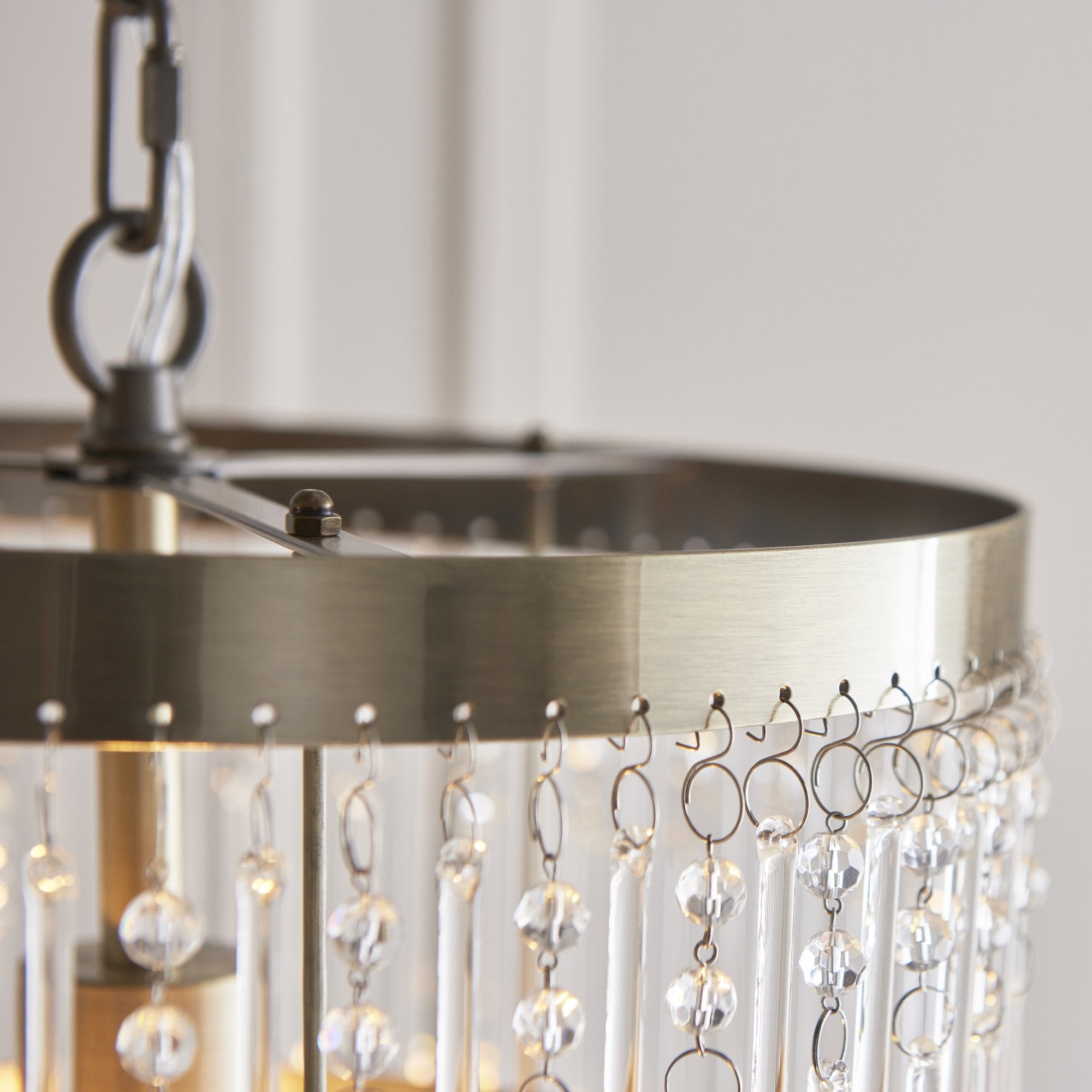 Genevieve Ceiling Pendant Light In Antique Brass With Clear Glass Droplets 104503