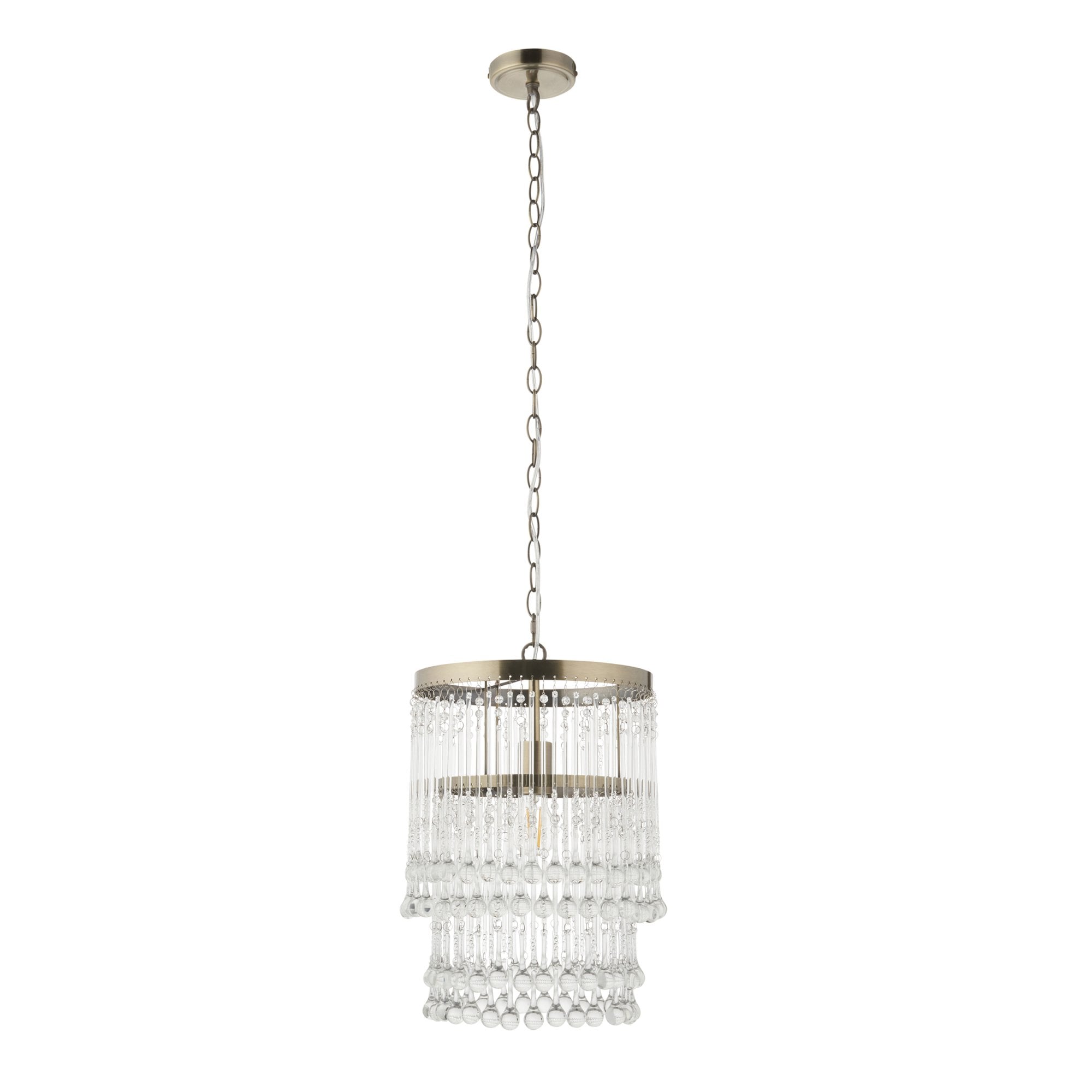 Genevieve Ceiling Pendant Light In Antique Brass With Clear Glass Droplets 104503