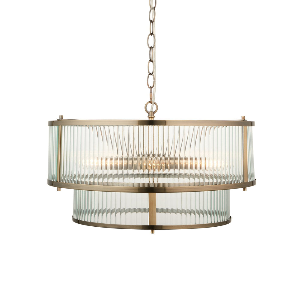 Ridgeton 5 Light Ceiling Pendant Light In Antique Brass With Ribbed Glass 110944