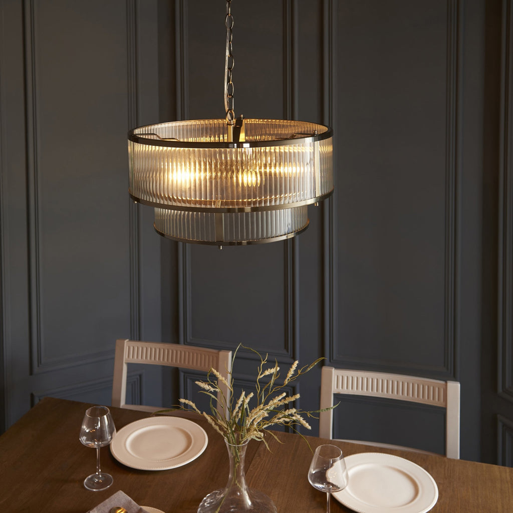 Ridgeton 5 Light Ceiling Pendant Light In Antique Brass With Ribbed Glass 110944