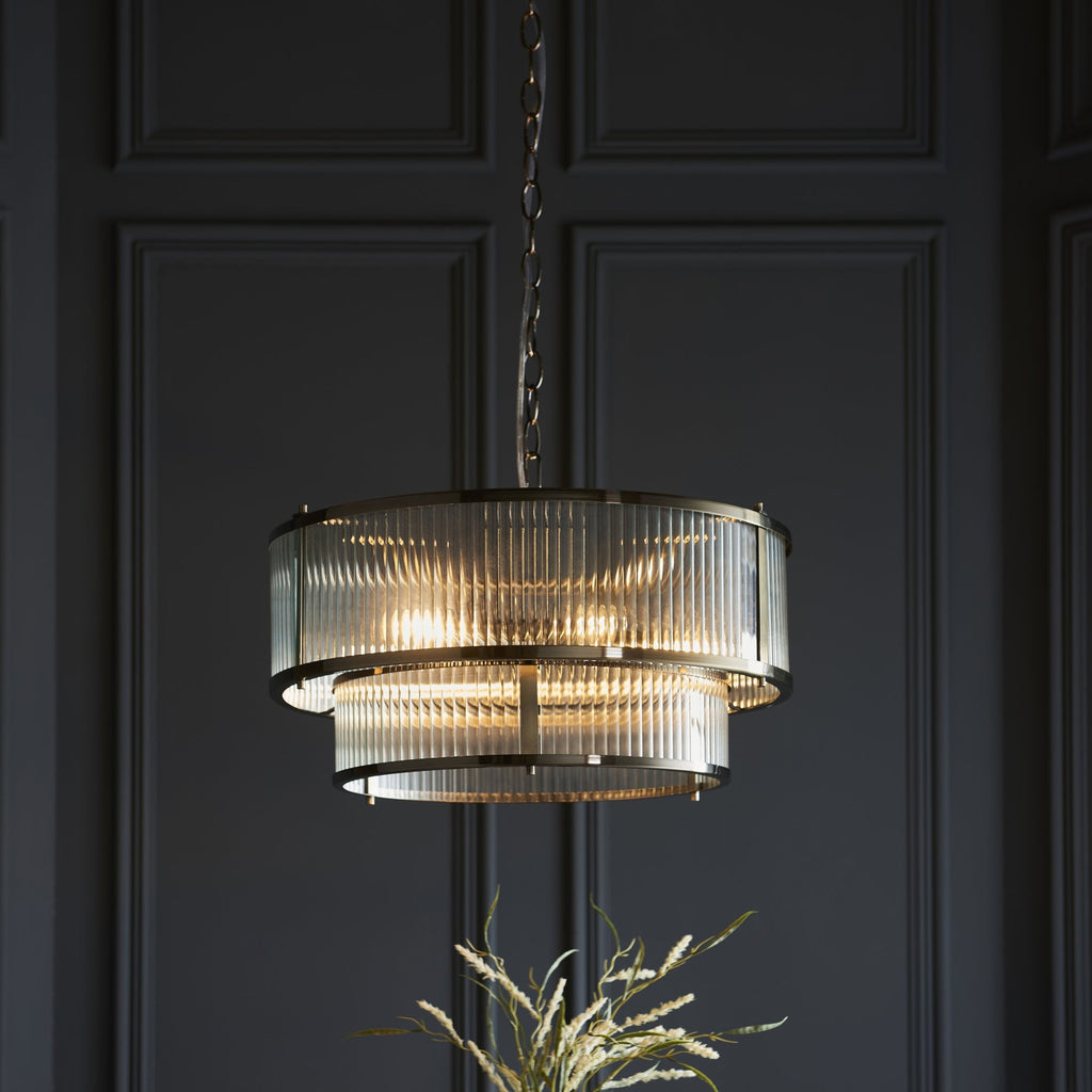 Ridgeton 5 Light Ceiling Pendant Light In Antique Brass With Ribbed Glass 110944
