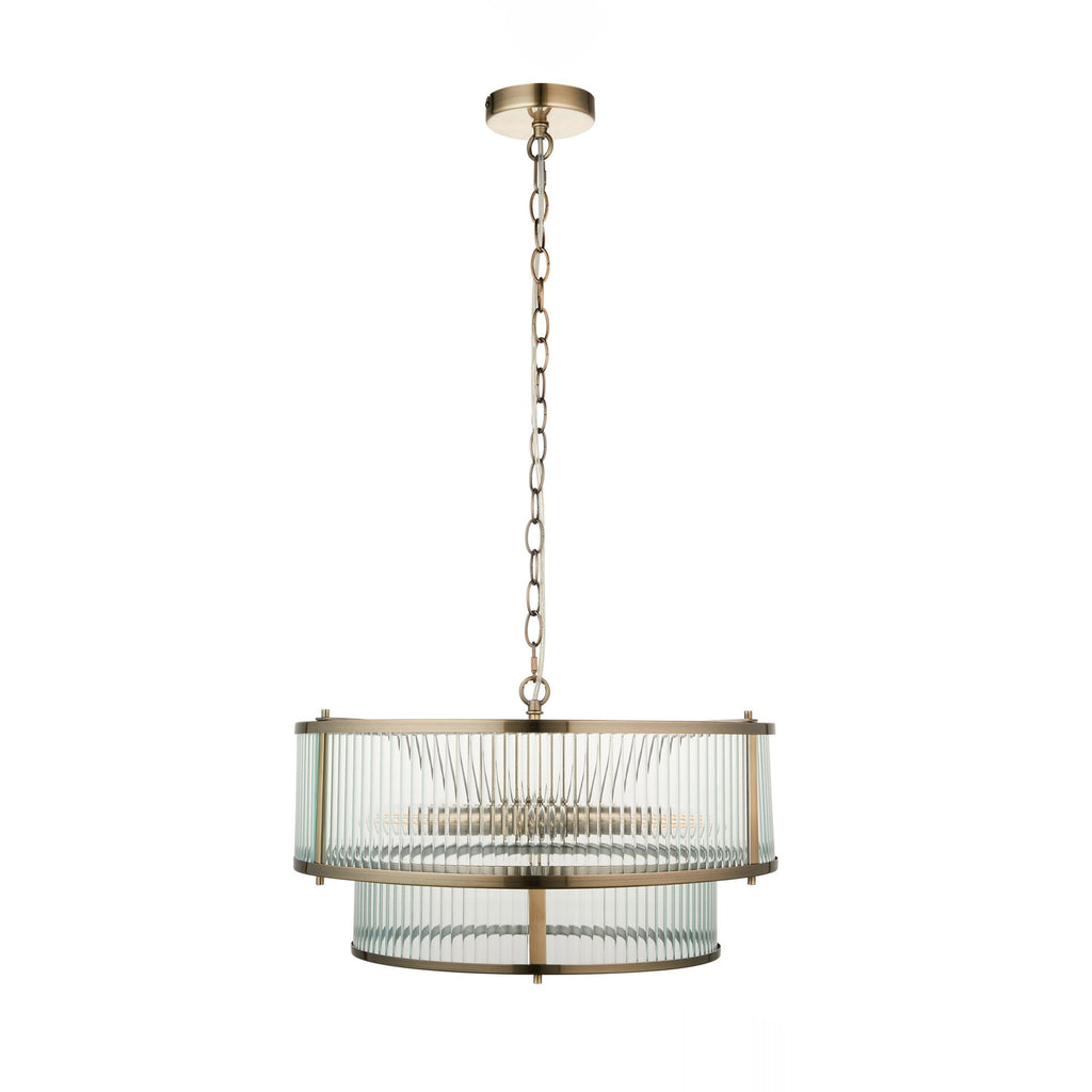 Ridgeton 5 Light Ceiling Pendant Light In Antique Brass With Ribbed Glass 110944