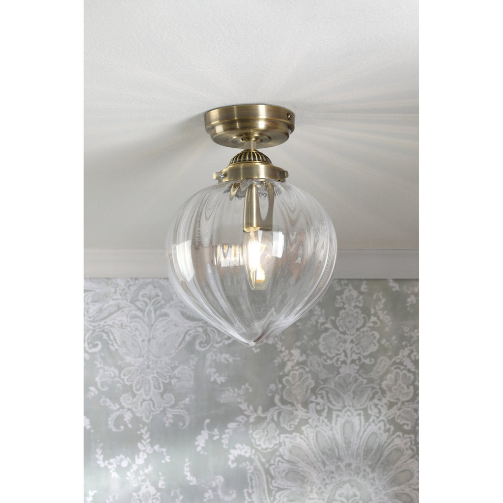 Whitham Semi Flush Ceiling Light In Antique Brass and Ribbed Glass IP44 LA3756597-Q