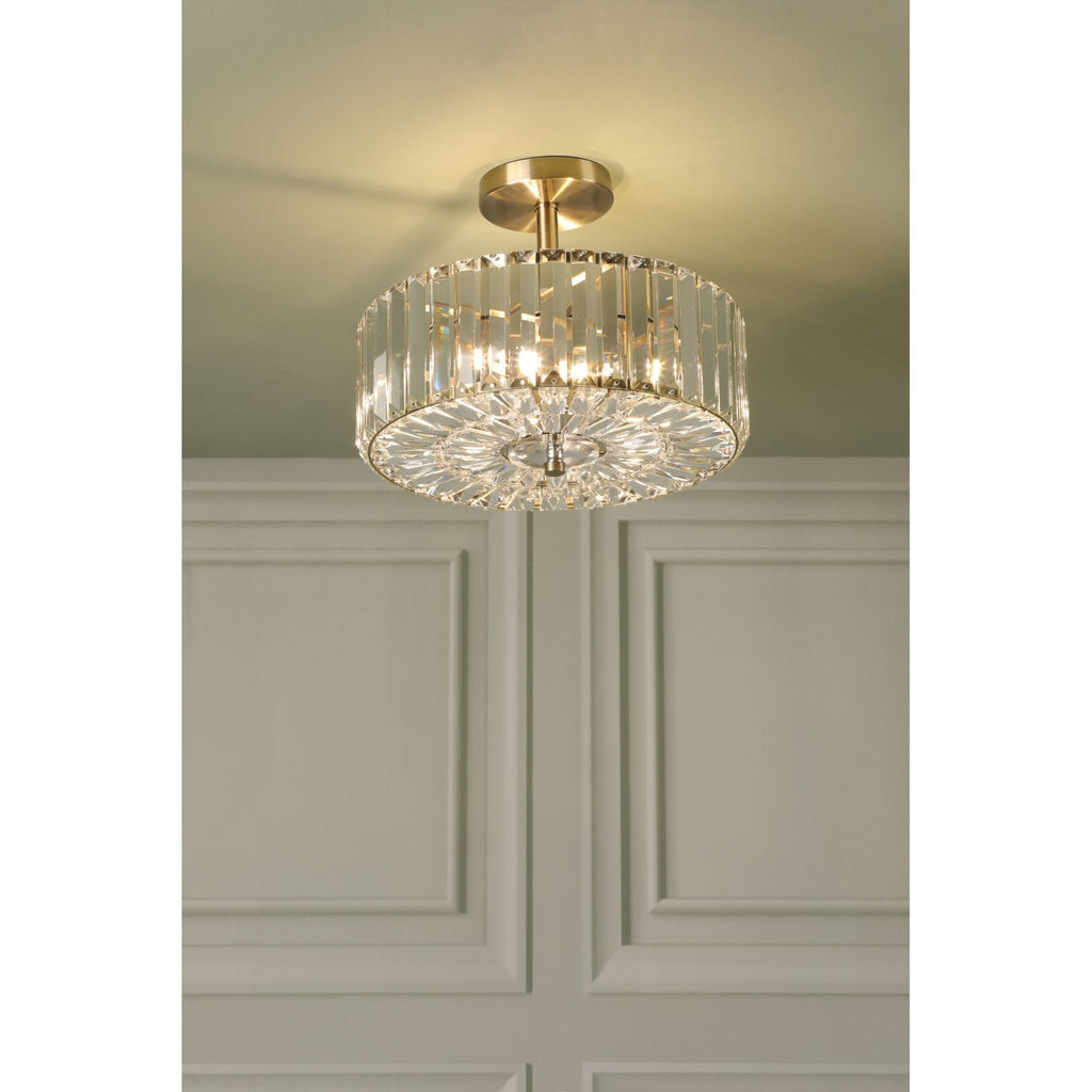 Fernhurst 3 Light Semi Flush Ceiling Light In Antique Brass And Crystal Glass LA3756455-Q