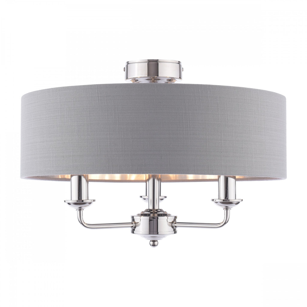 Sorrento 3 Light Semi-Flush Ceiling Light In Polished Nickel and Grey Linen Shade LA3756550-Q