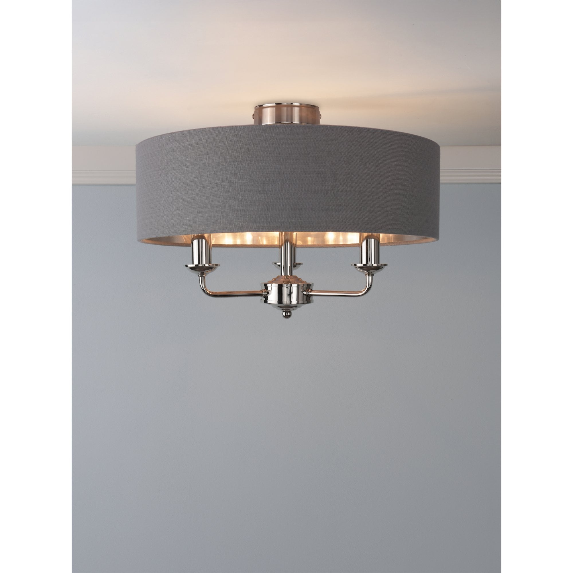 Sorrento 3 Light Semi-Flush Ceiling Light In Polished Nickel and Grey Linen Shade LA3756550-Q