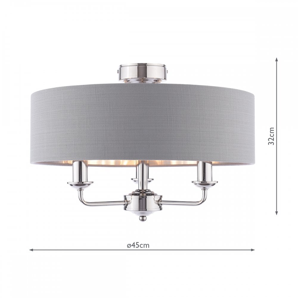Sorrento 3 Light Semi-Flush Ceiling Light In Polished Nickel and Grey Linen Shade LA3756550-Q