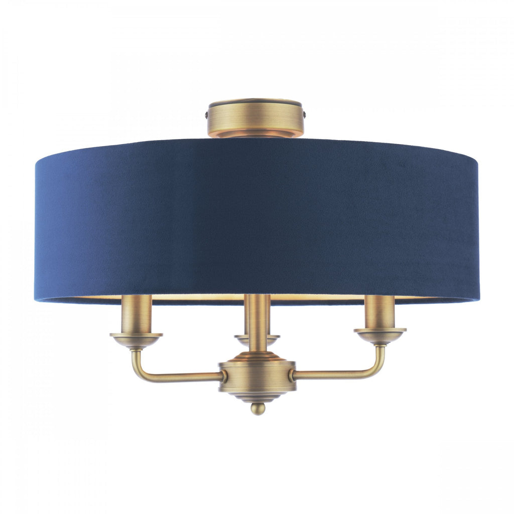 Sorrento 3 Light Semi-Flush Ceiling Light In Antique Brass and Blue Velvet Shade LA3756552-Q