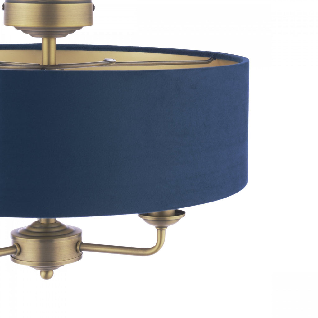 Sorrento 3 Light Semi-Flush Ceiling Light In Antique Brass and Blue Velvet Shade LA3756552-Q