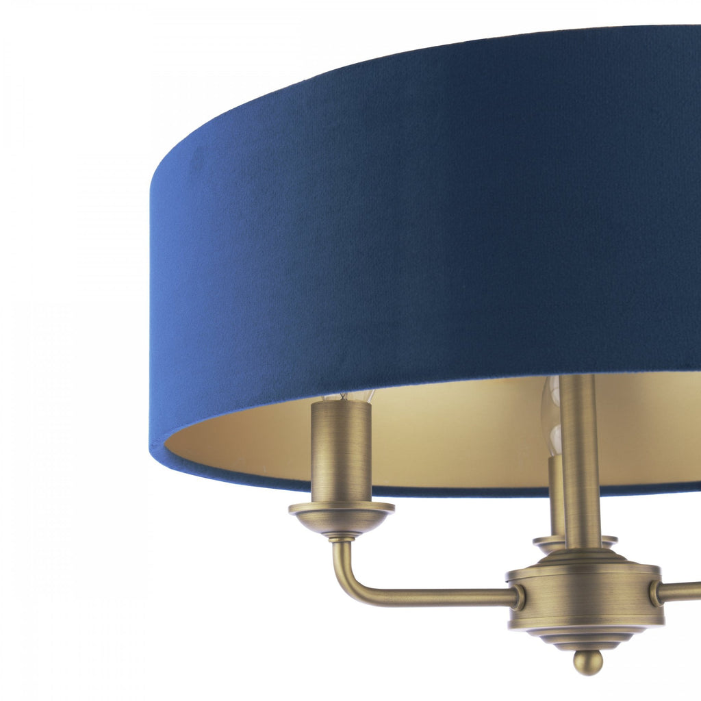 Sorrento 3 Light Semi-Flush Ceiling Light In Antique Brass and Blue Velvet Shade LA3756552-Q