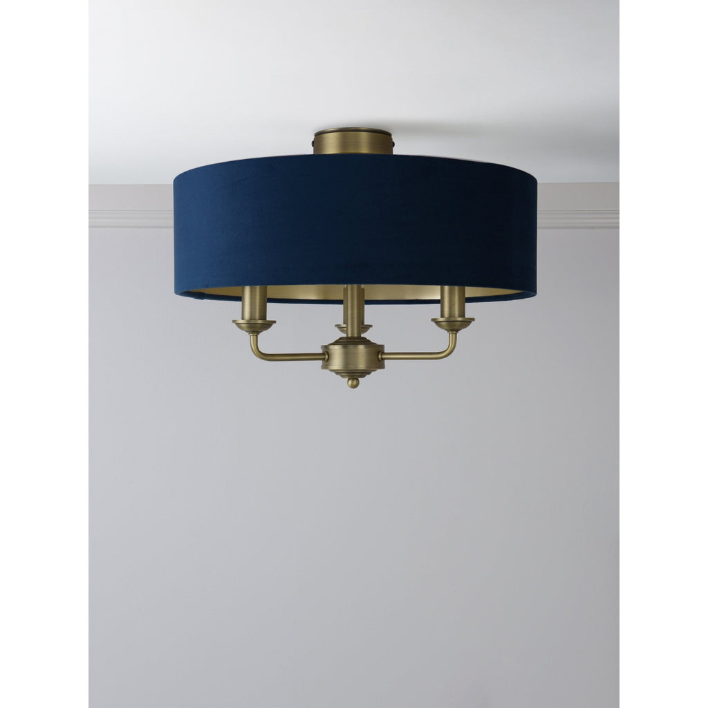 Sorrento 3 Light Semi-Flush Ceiling Light In Antique Brass and Blue Velvet Shade LA3756552-Q