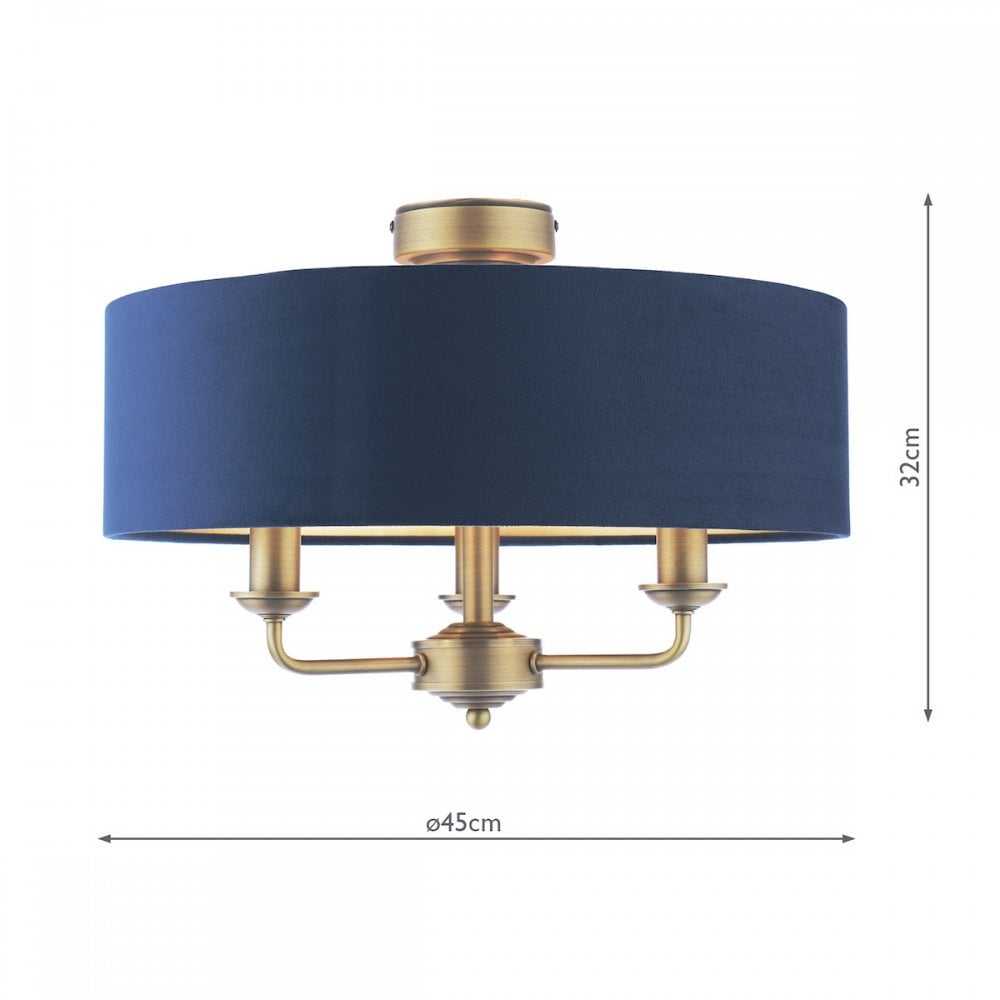 Sorrento 3 Light Semi-Flush Ceiling Light In Antique Brass and Blue Velvet Shade LA3756552-Q