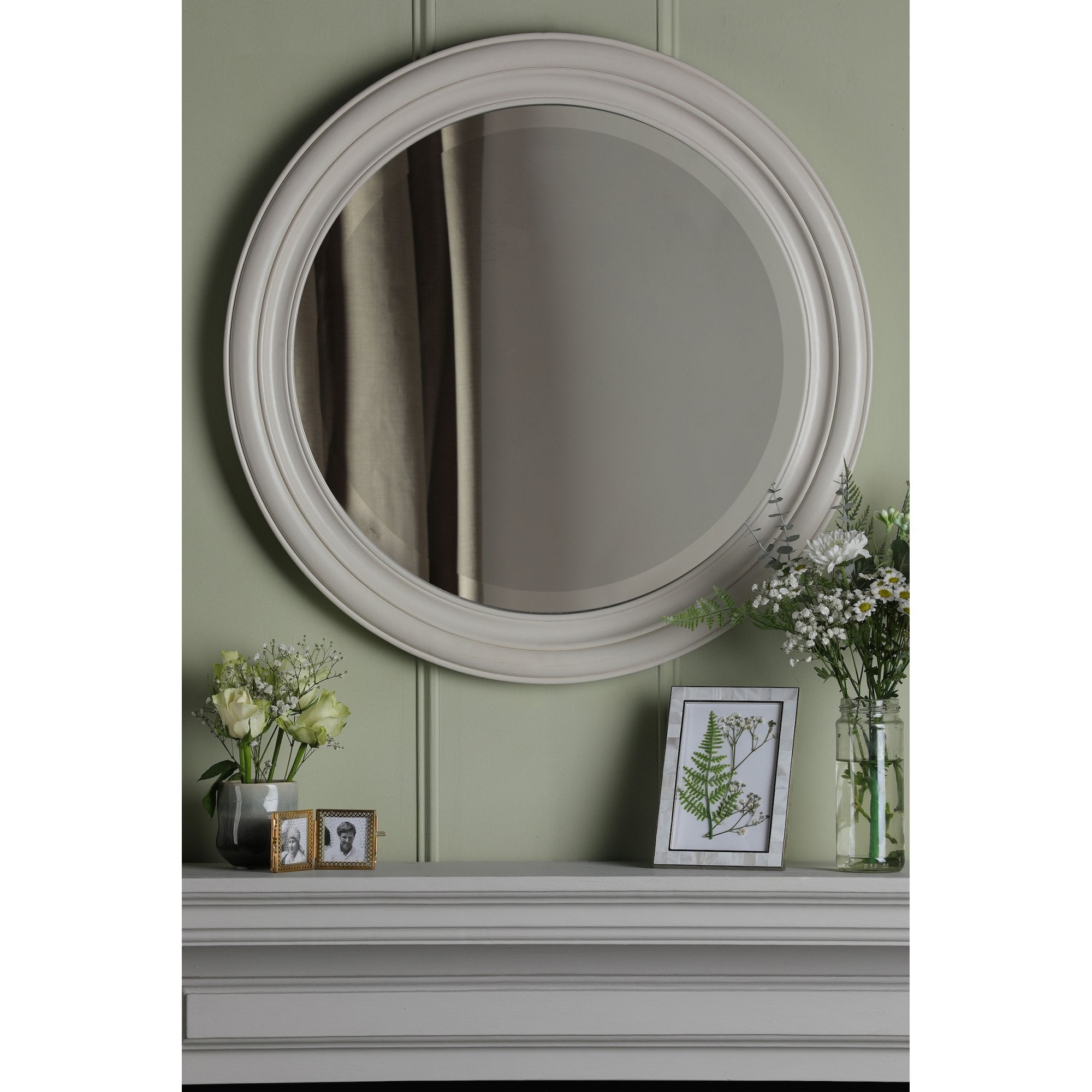 Tate Round Mirror In Distressed Ivory Finish LA3756380-Q