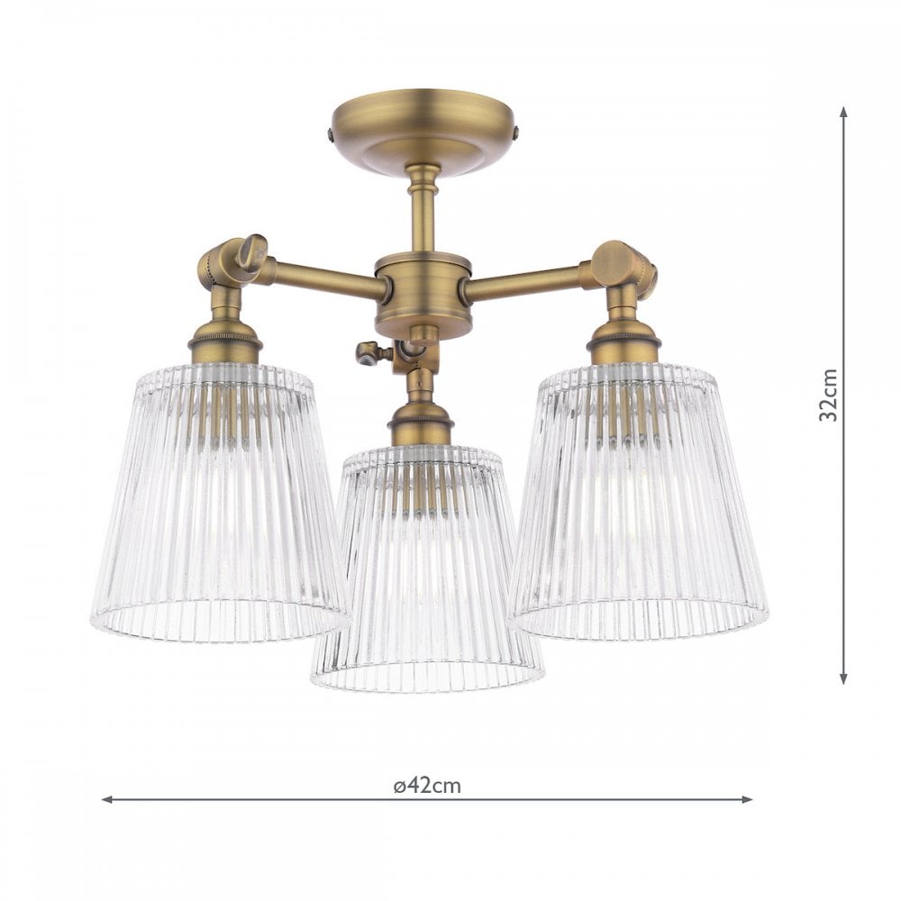 Callaghan 3 Light Semi Flush Ceiling Light In Matt Antique Brass With Ribbed Glass LA3756491-Q