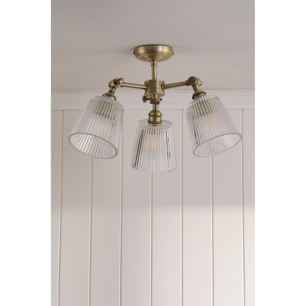 Callaghan 3 Light Semi Flush Ceiling Light In Matt Antique Brass With Ribbed Glass LA3756491-Q