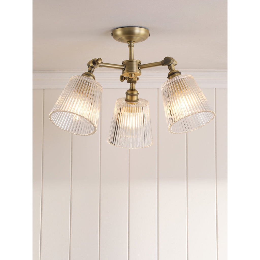 Callaghan 3 Light Semi Flush Ceiling Light In Matt Antique Brass With Ribbed Glass LA3756491-Q