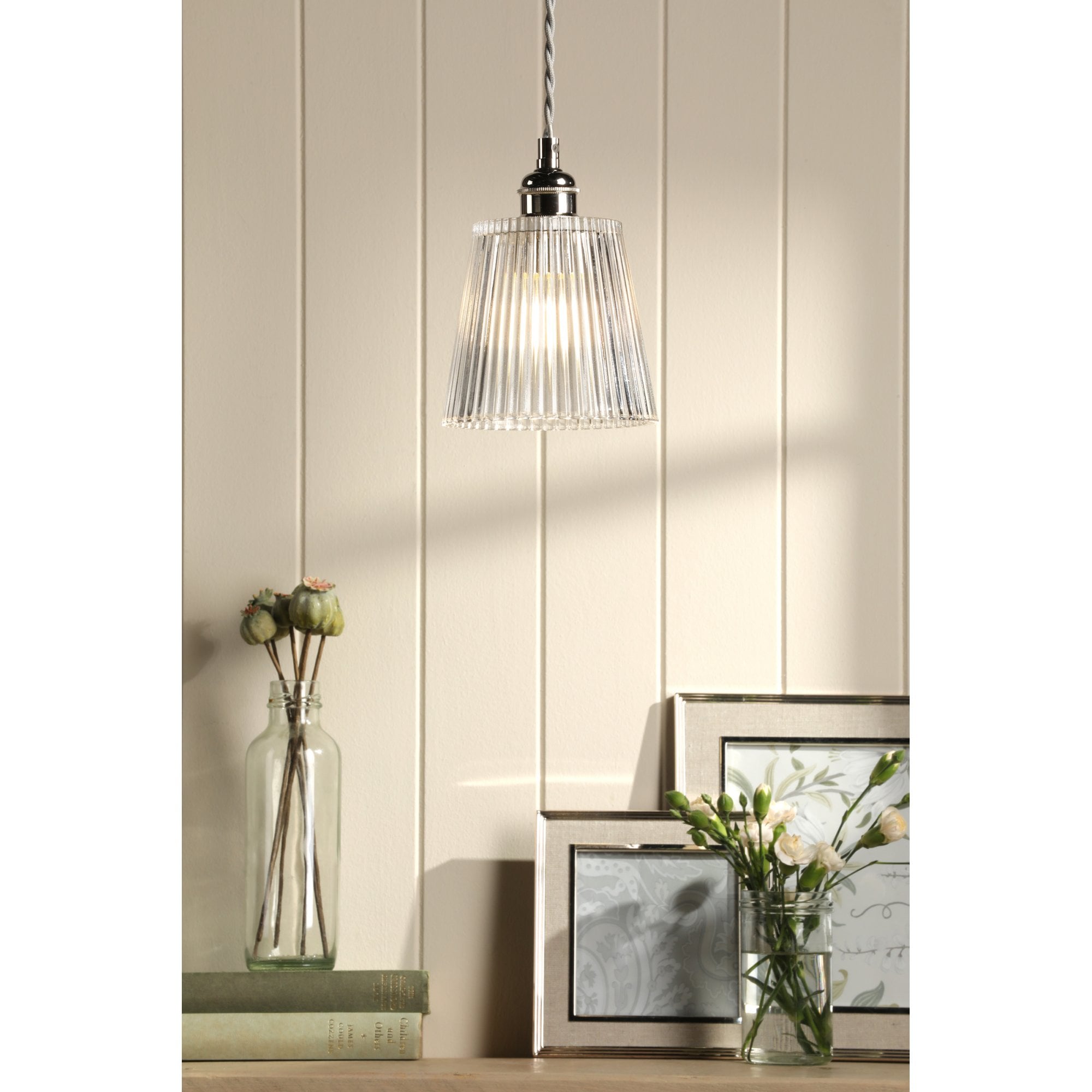 Laura Ashley Callaghan Ceiling Pendant Light In Polished Nickel and Ribbed Glass LA3756595-Q