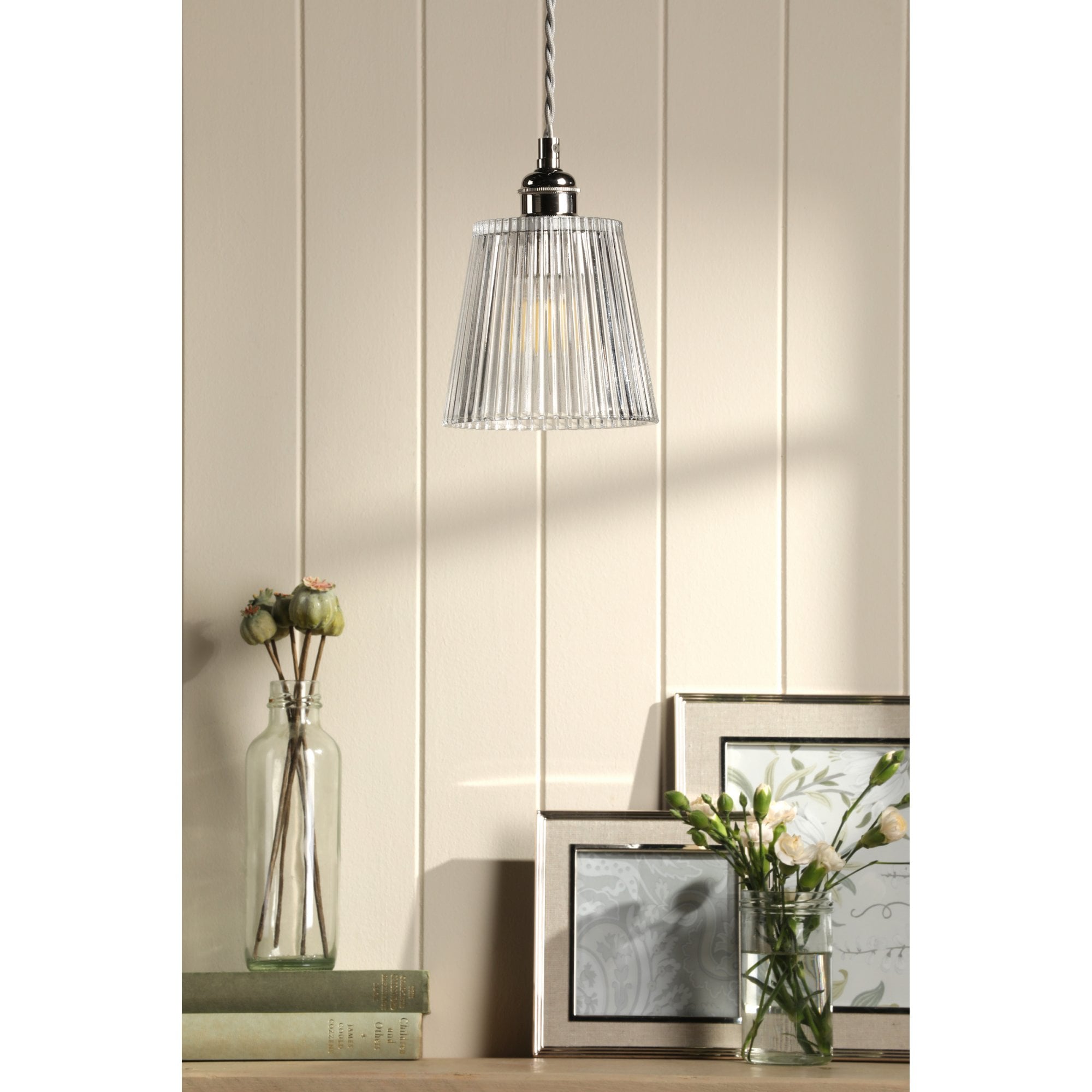 Laura Ashley Callaghan Ceiling Pendant Light In Polished Nickel and Ribbed Glass LA3756595-Q