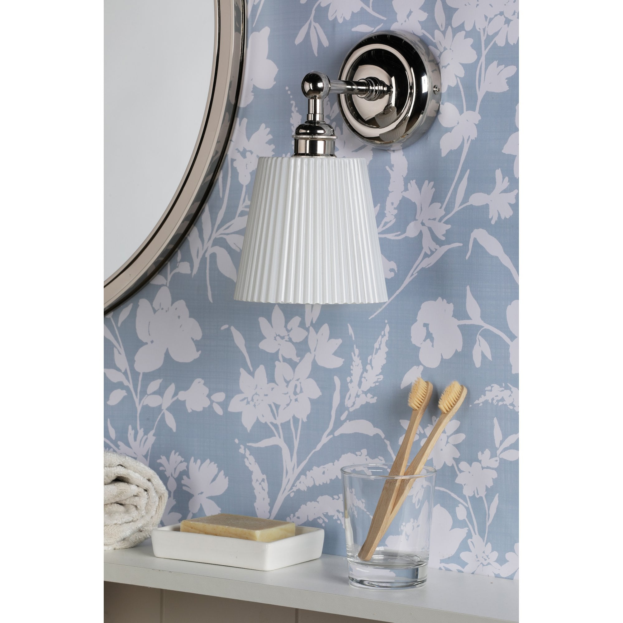 Laura Ashley Callaghan Wall Light Polished Nickel and White Ribbed Glass IP44 LA3756601-Q