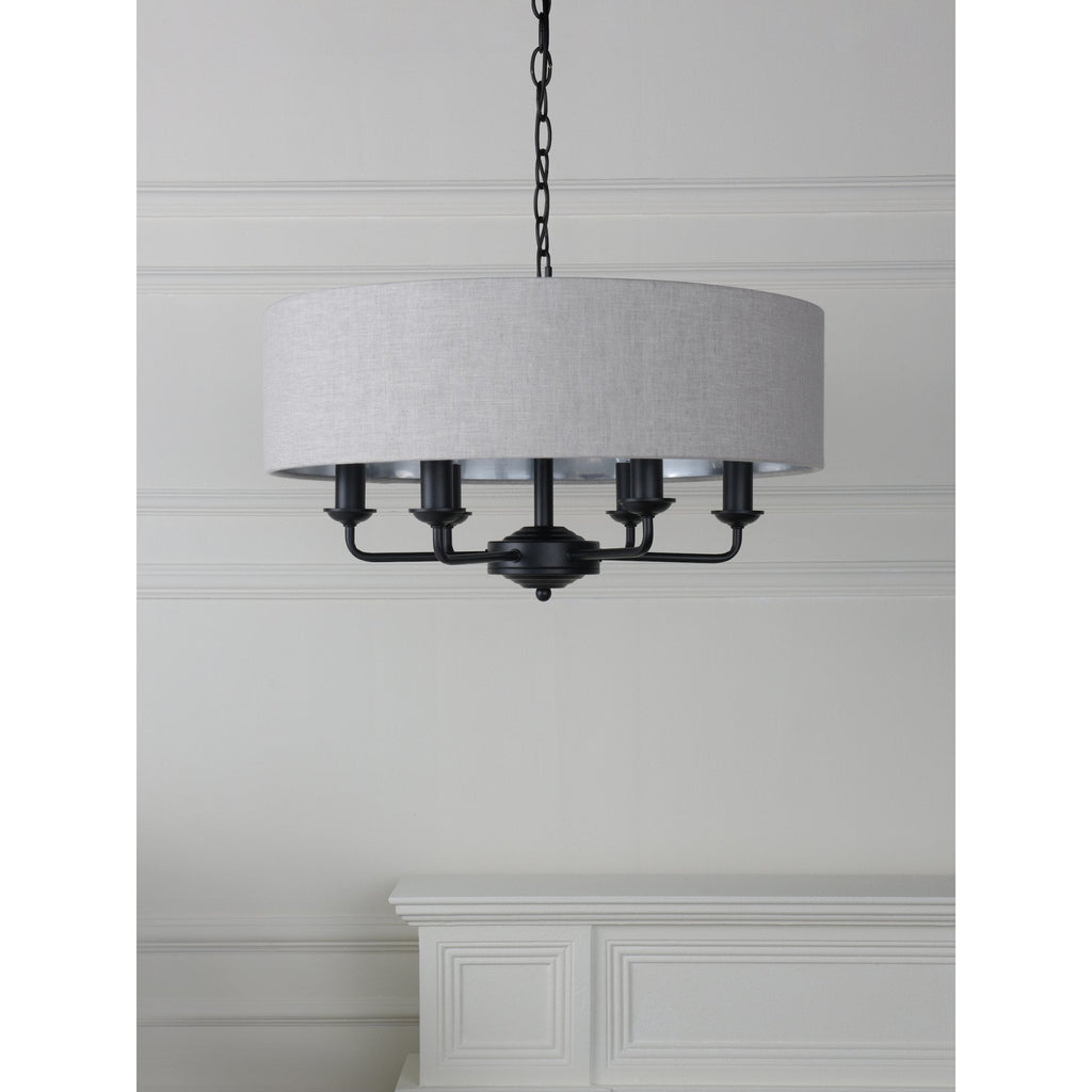 Sorrento 6 Light Ceiling Pendant In Matt Black With Natural Linen Shade LA3756554-Q