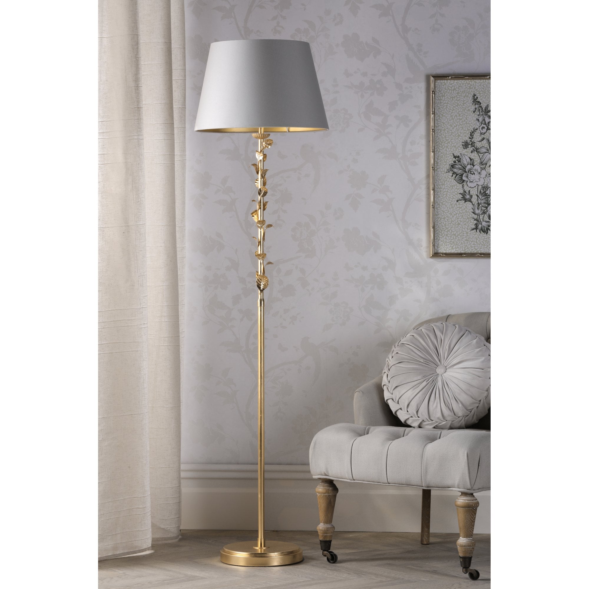 Halton Floor Lamp In Distressed Gold Leaf With Cream Cotton Shade LA3756508-Q