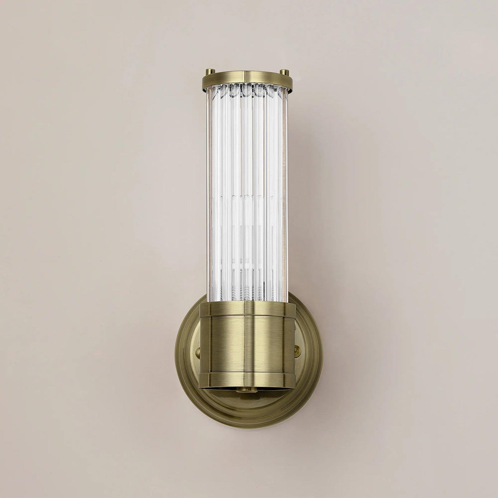 Pillar 1 Light Bathroom Wall Light In Antique Brass And Clear Glass Rods IP44 E14