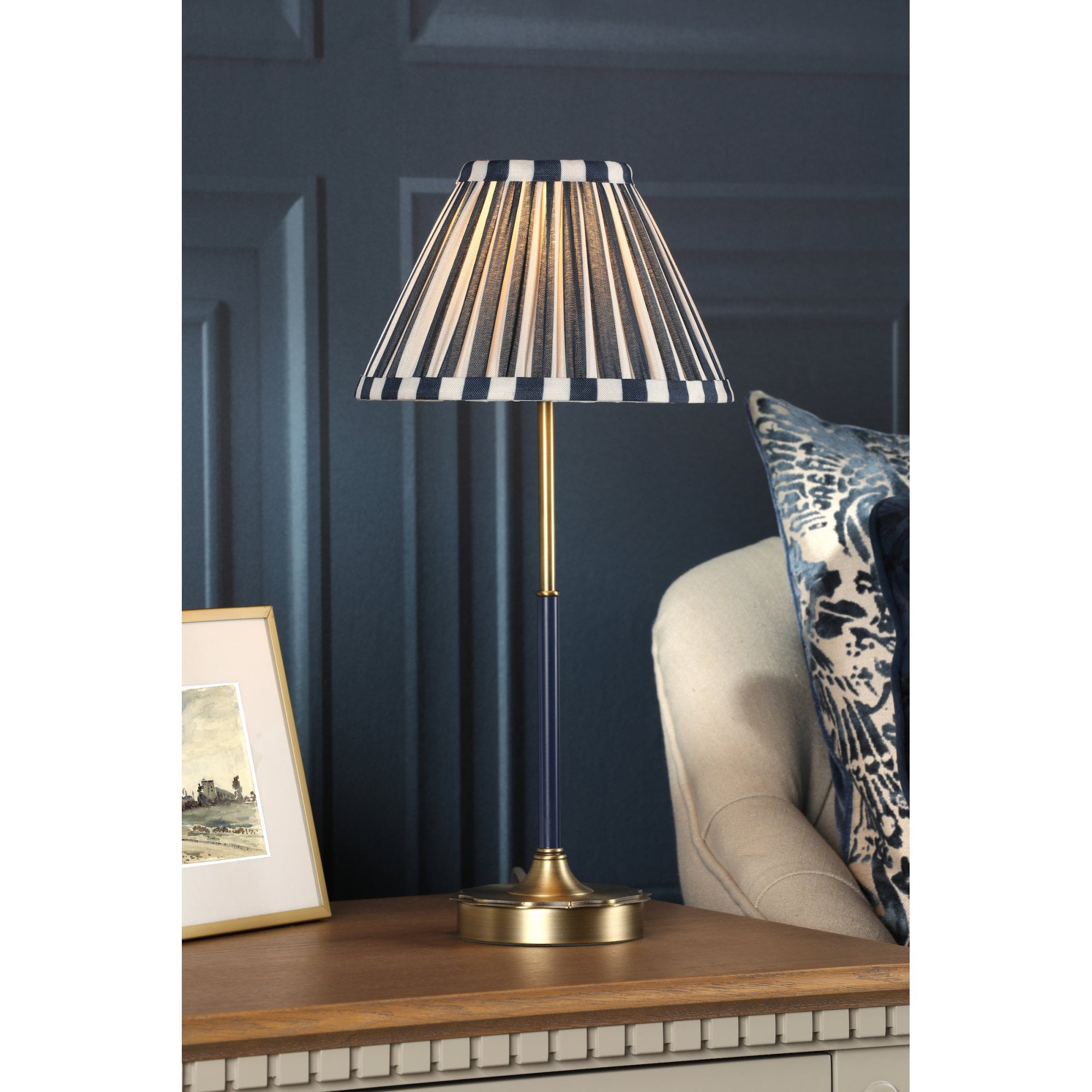 Denwick Table Lamp In Matt Antique Brass With Stripy Blue Shade LA3756598-Q