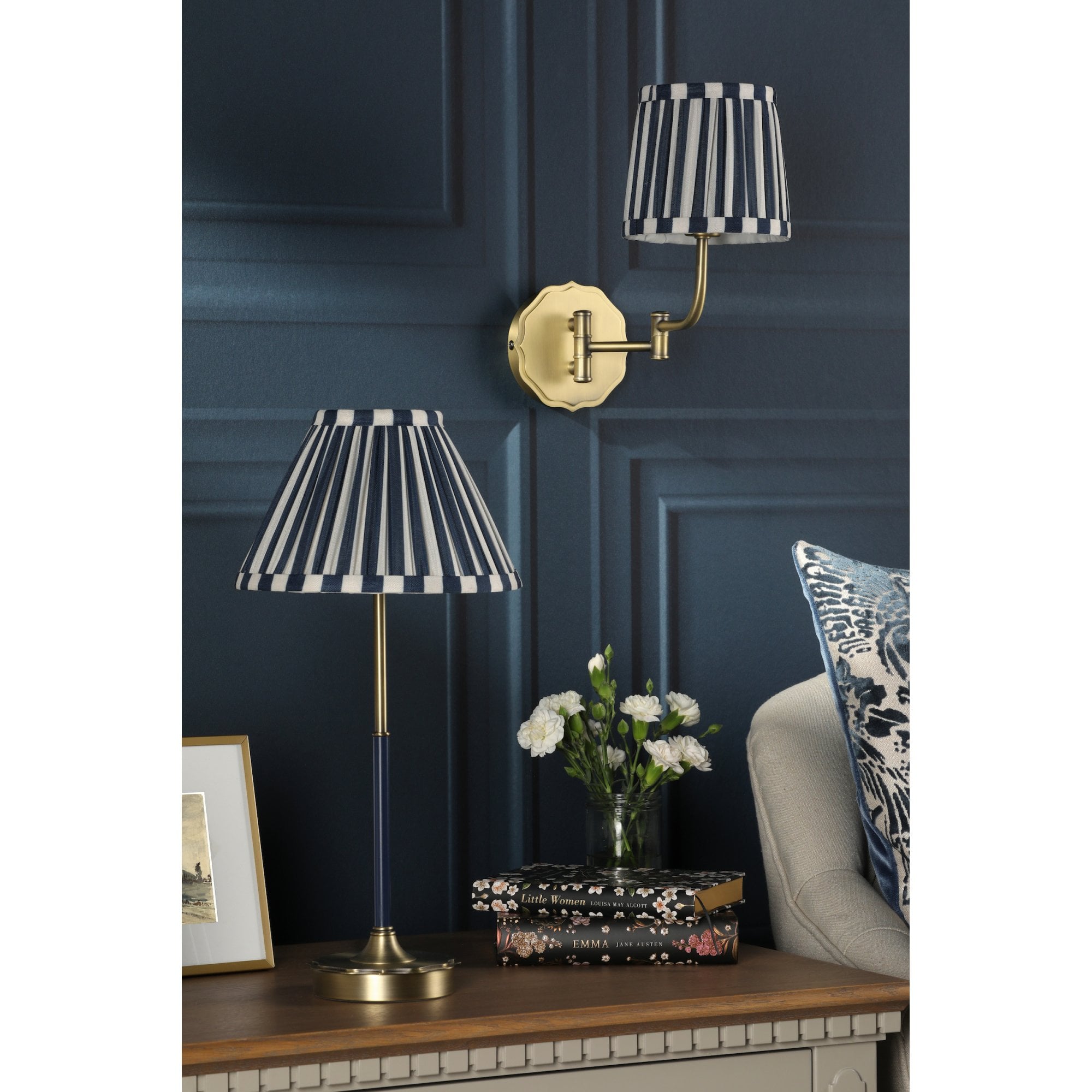 Denwick Table Lamp In Matt Antique Brass With Stripy Blue Shade LA3756598-Q