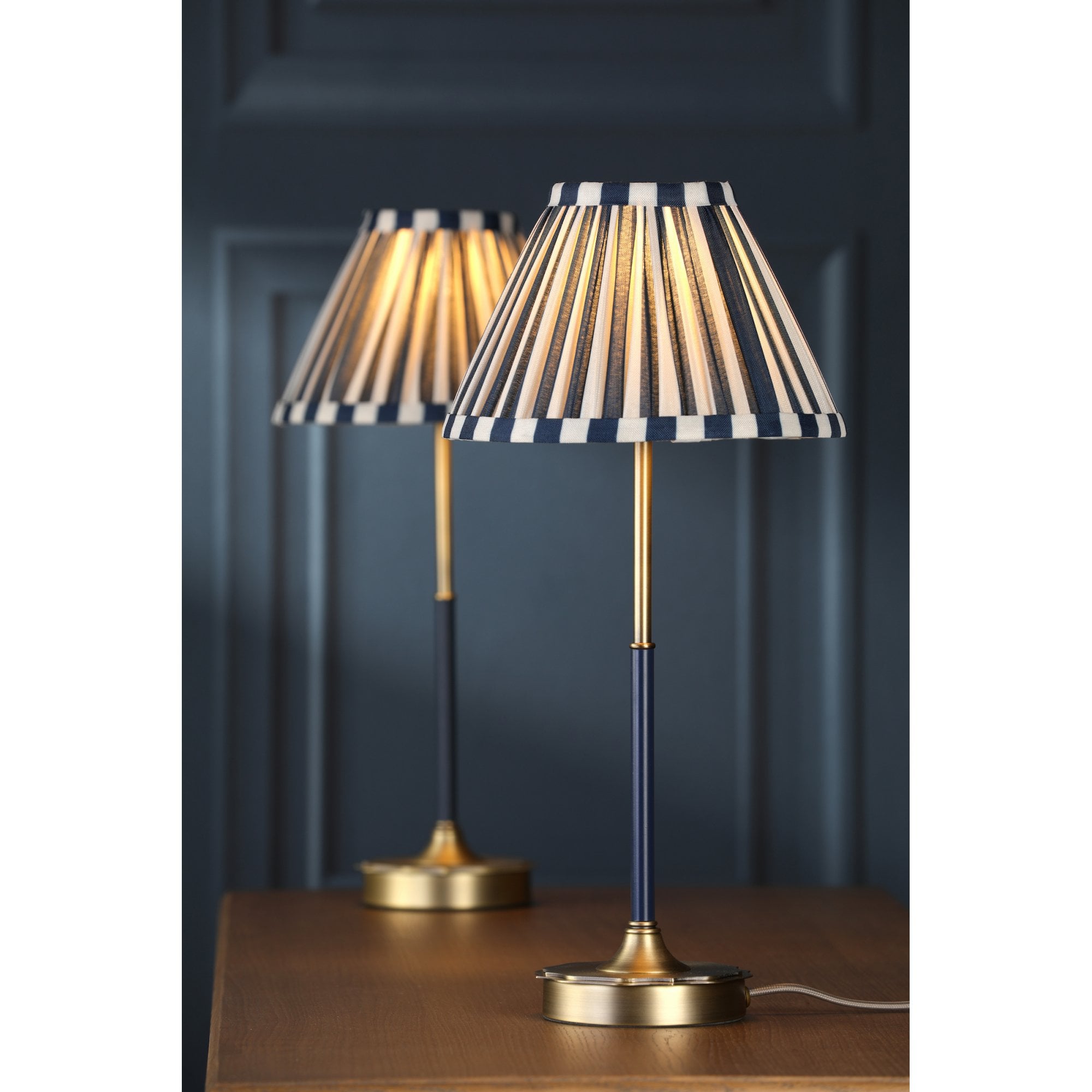 Denwick Table Lamp In Matt Antique Brass With Stripy Blue Shade LA3756598-Q