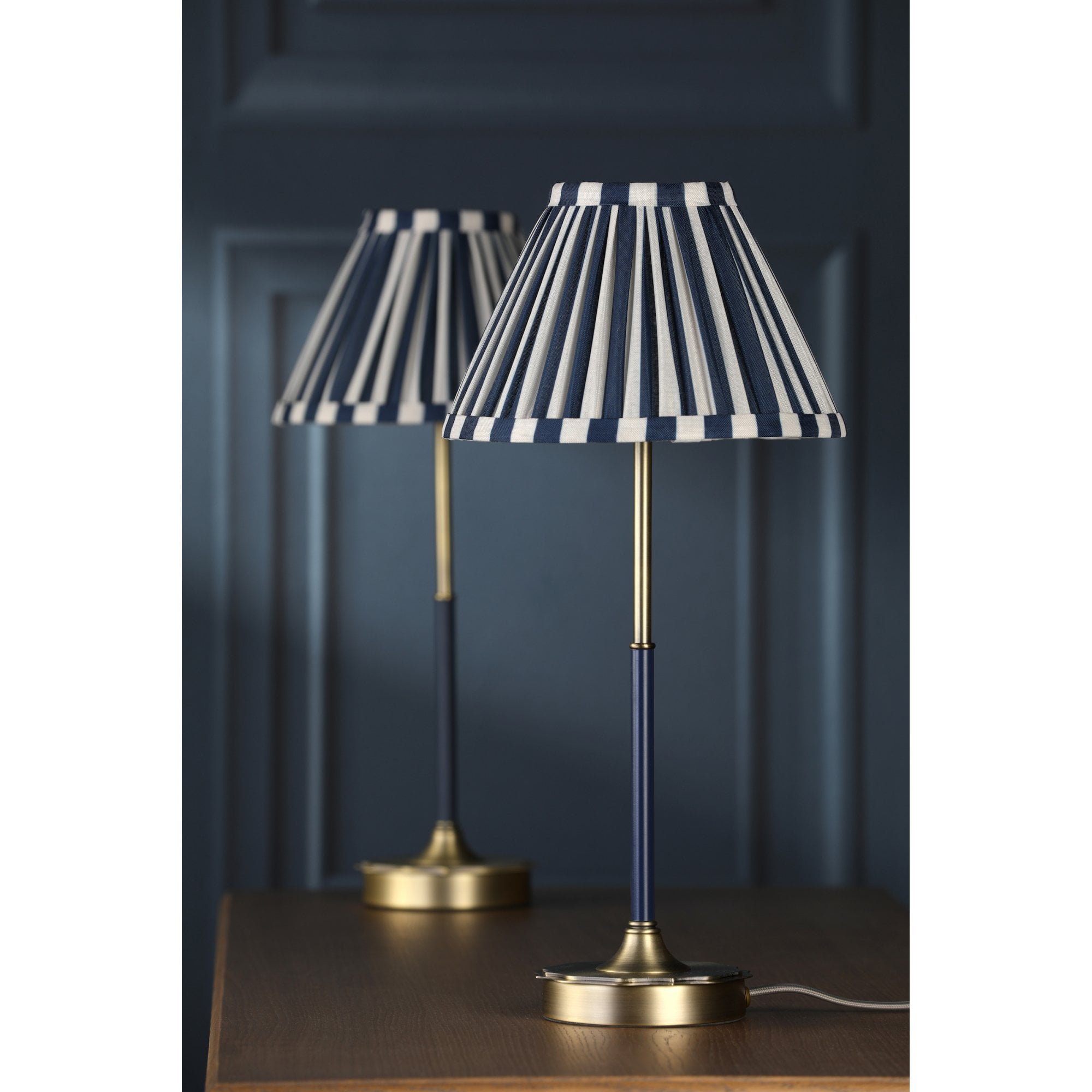 Denwick Table Lamp In Matt Antique Brass With Stripy Blue Shade LA3756598-Q