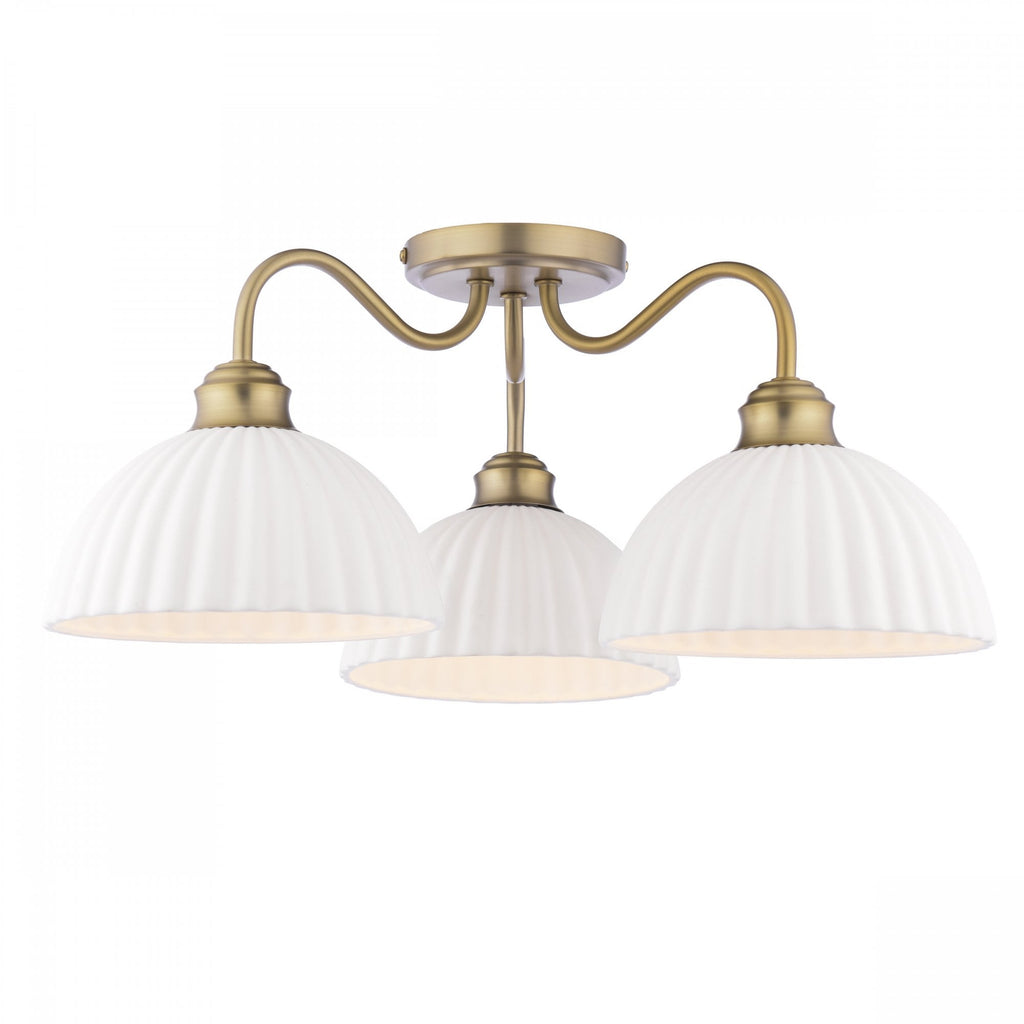 Durford 3 Light Semi Flush Ceiling Light In Matt Antique Brass With White Ceramic Shades LA3756580-Q