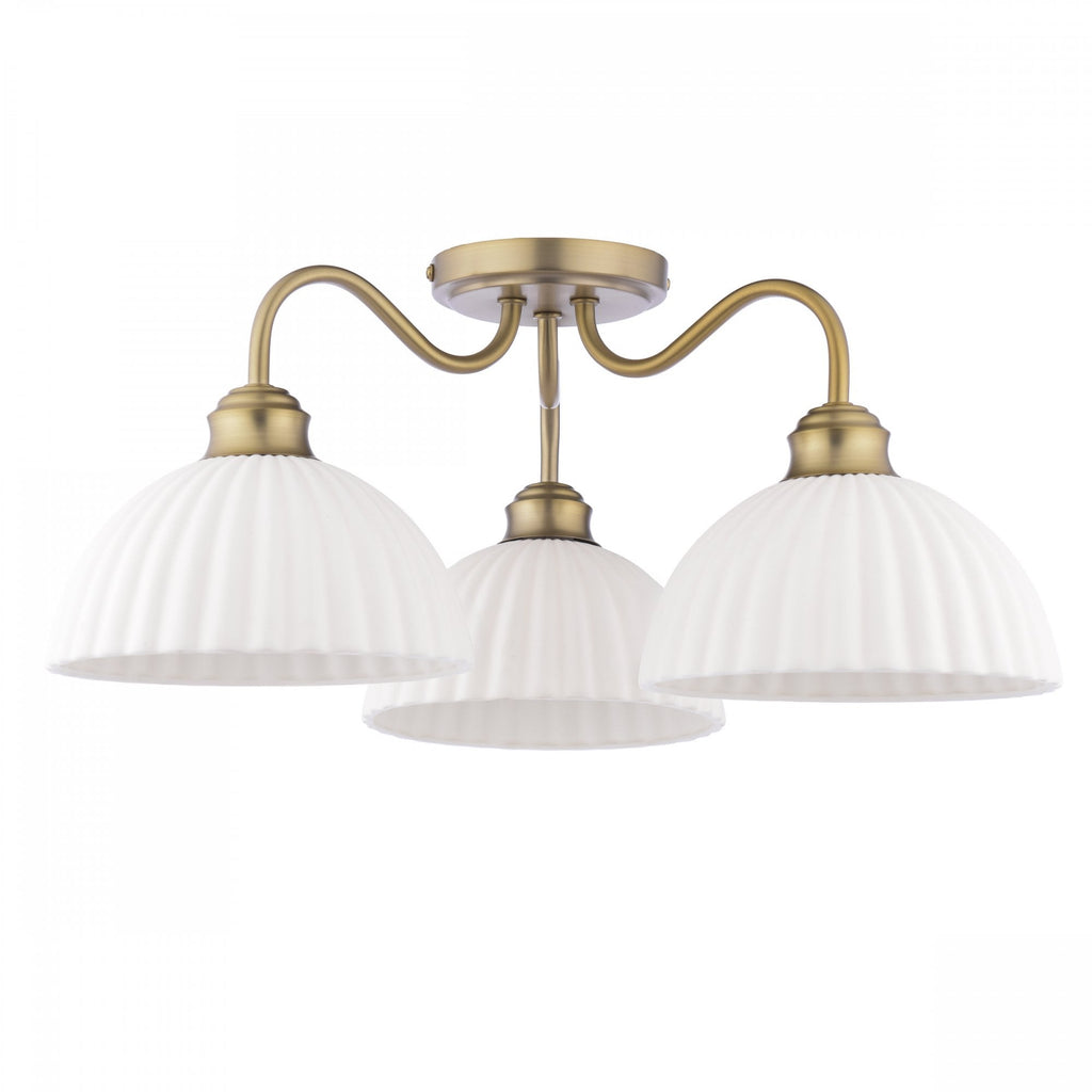 Durford 3 Light Semi Flush Ceiling Light In Matt Antique Brass With White Ceramic Shades LA3756580-Q