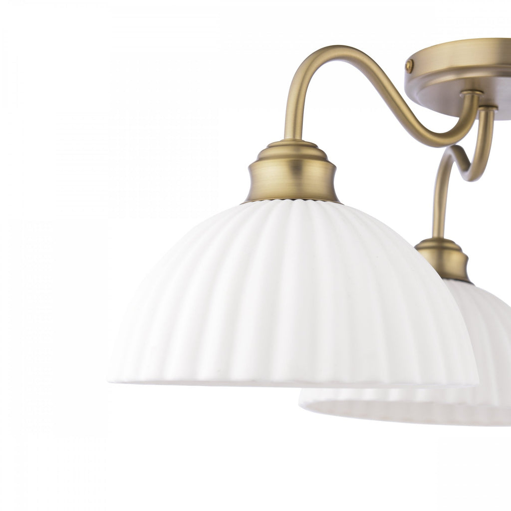 Durford 3 Light Semi Flush Ceiling Light In Matt Antique Brass With White Ceramic Shades LA3756580-Q