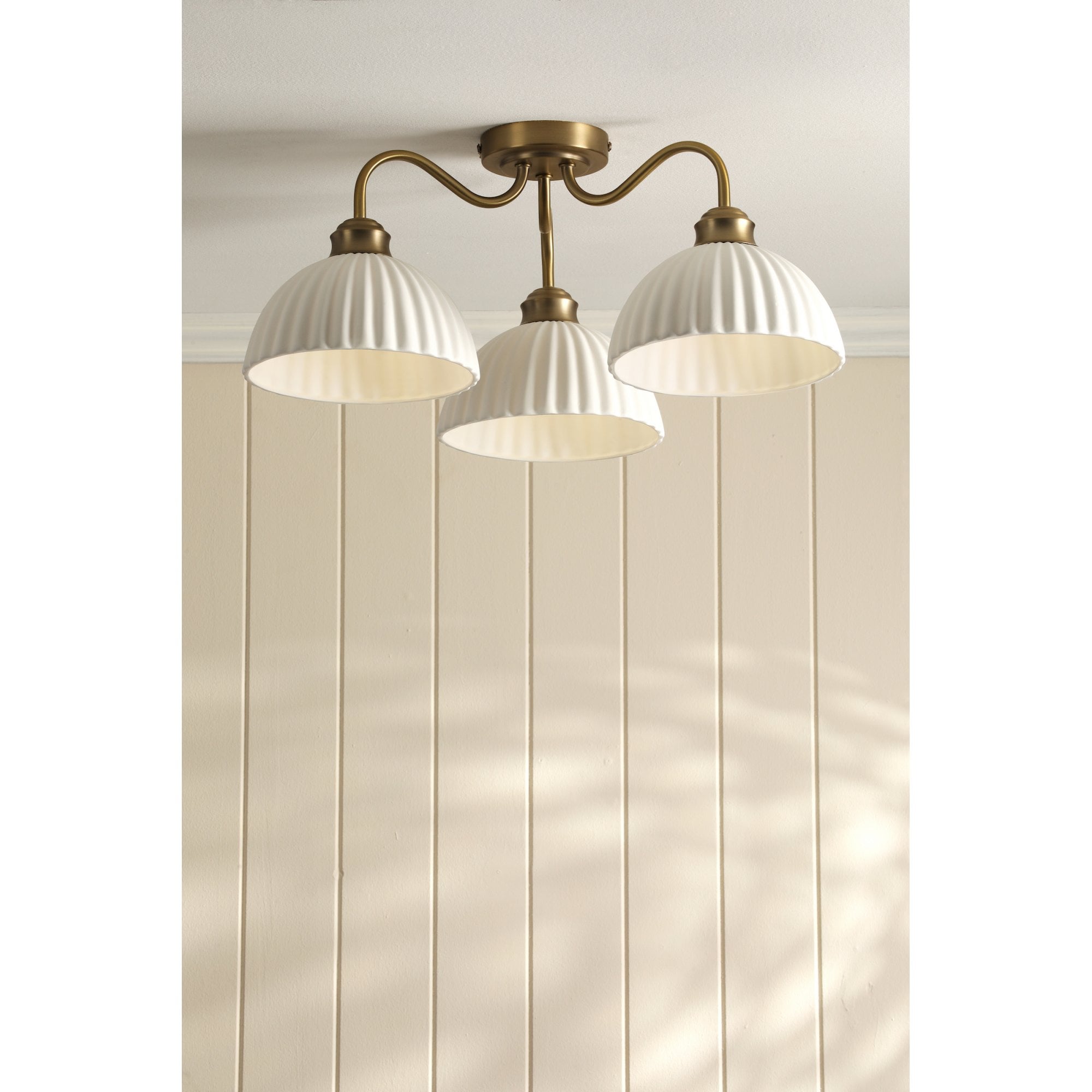 Durford 3 Light Semi Flush Ceiling Light In Matt Antique Brass With White Ceramic Shades LA3756580-Q