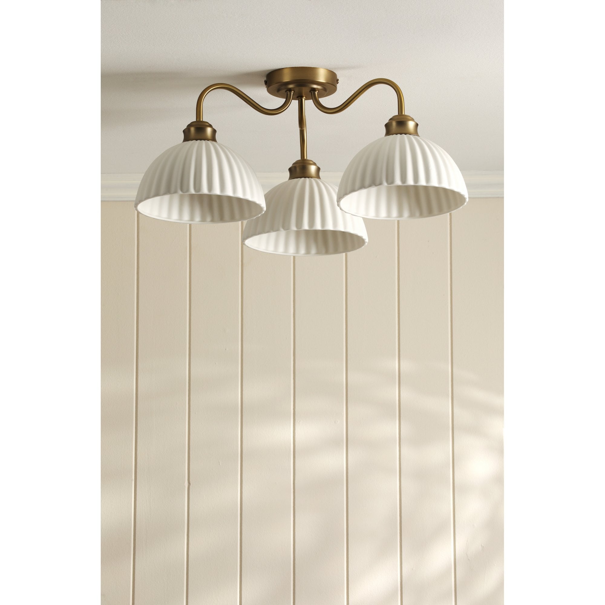 Durford 3 Light Semi Flush Ceiling Light In Matt Antique Brass With White Ceramic Shades LA3756580-Q