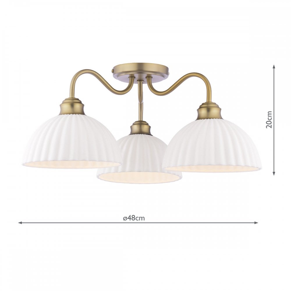 Durford 3 Light Semi Flush Ceiling Light In Matt Antique Brass With White Ceramic Shades LA3756580-Q