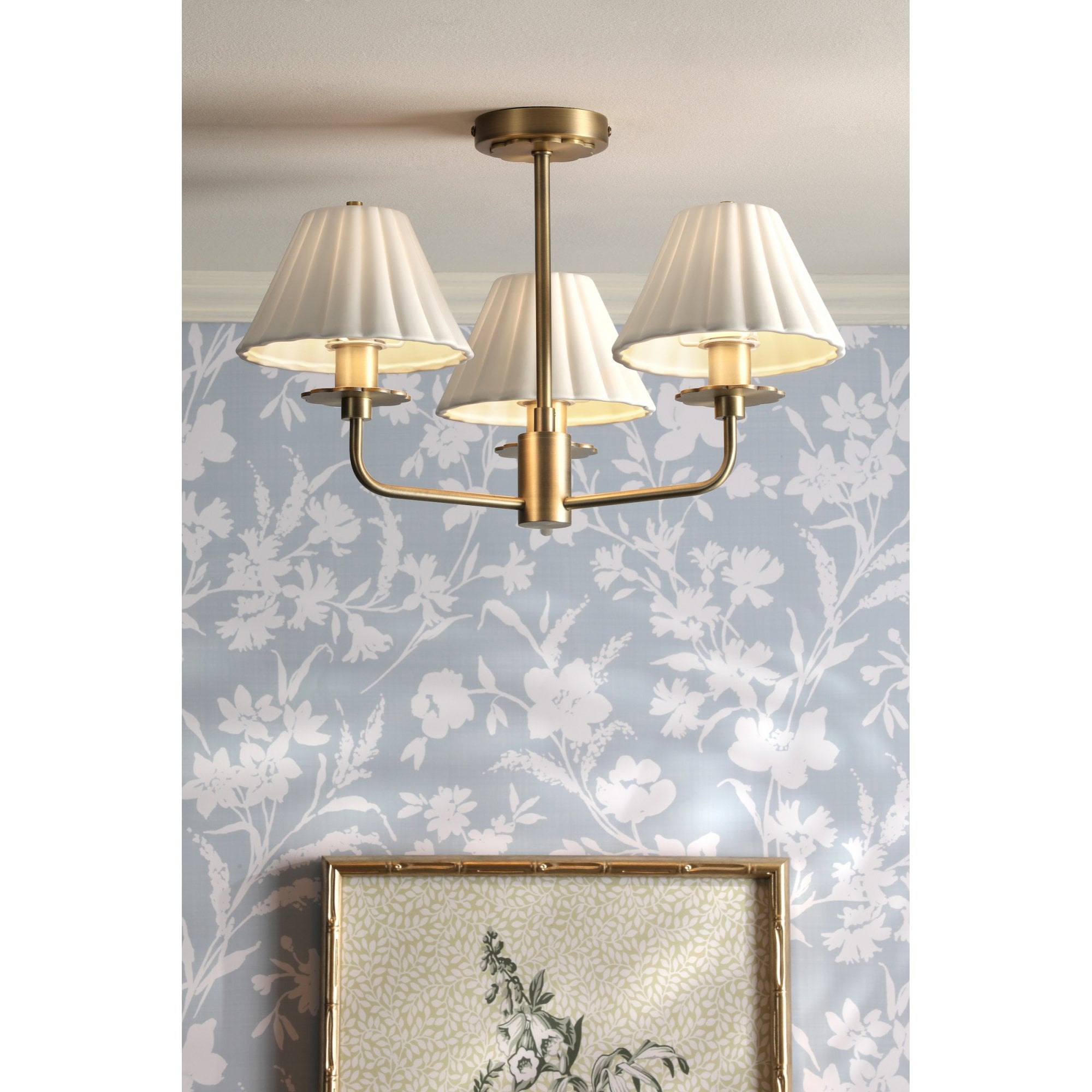 Mixbury 3 Light Semi Flush Light In Antique Brass With White Ceramic Shades LA3756587-Q