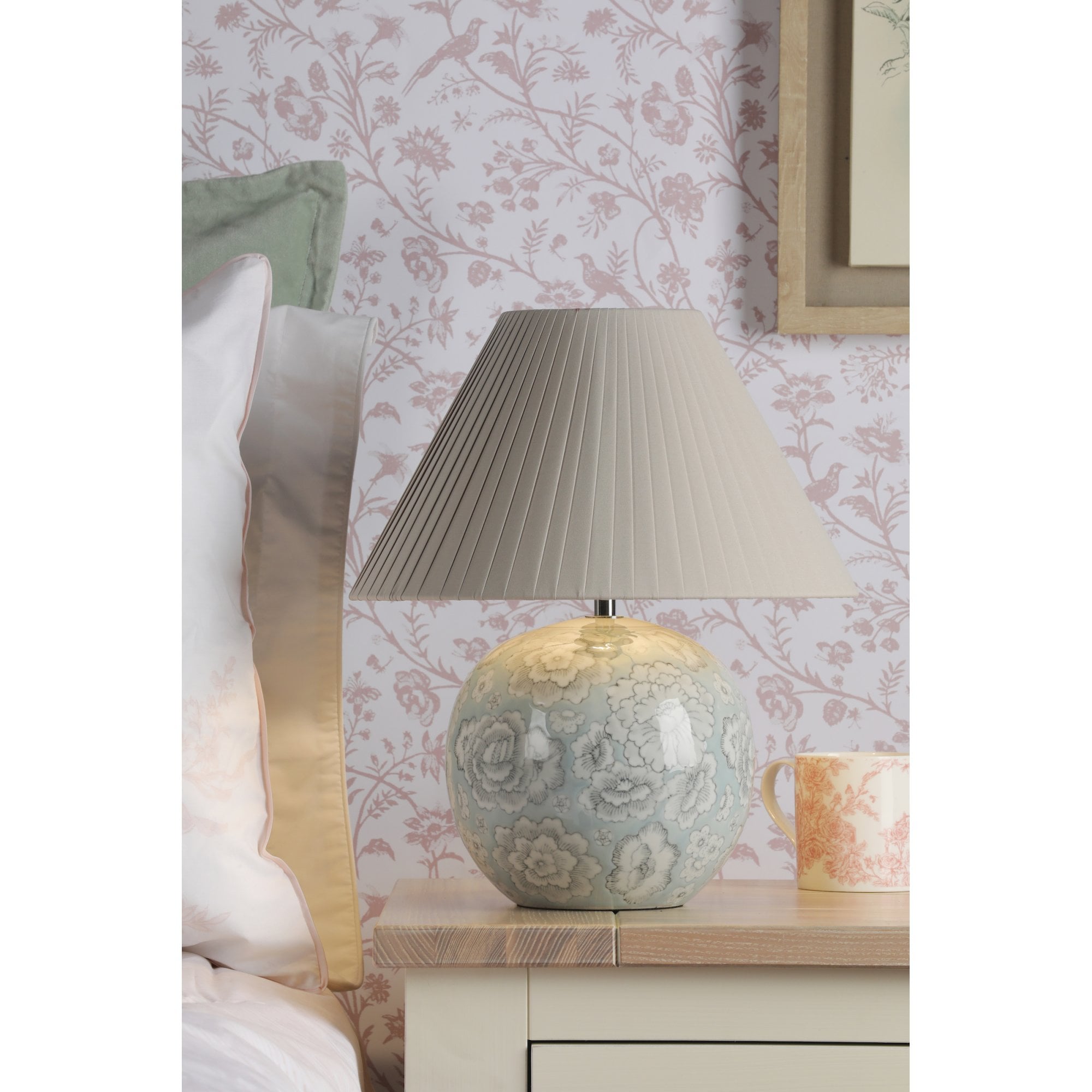 Montford Table Lamp In Blue Ceramic Floral Print With Taupe Silk Shade LA3756619-Q
