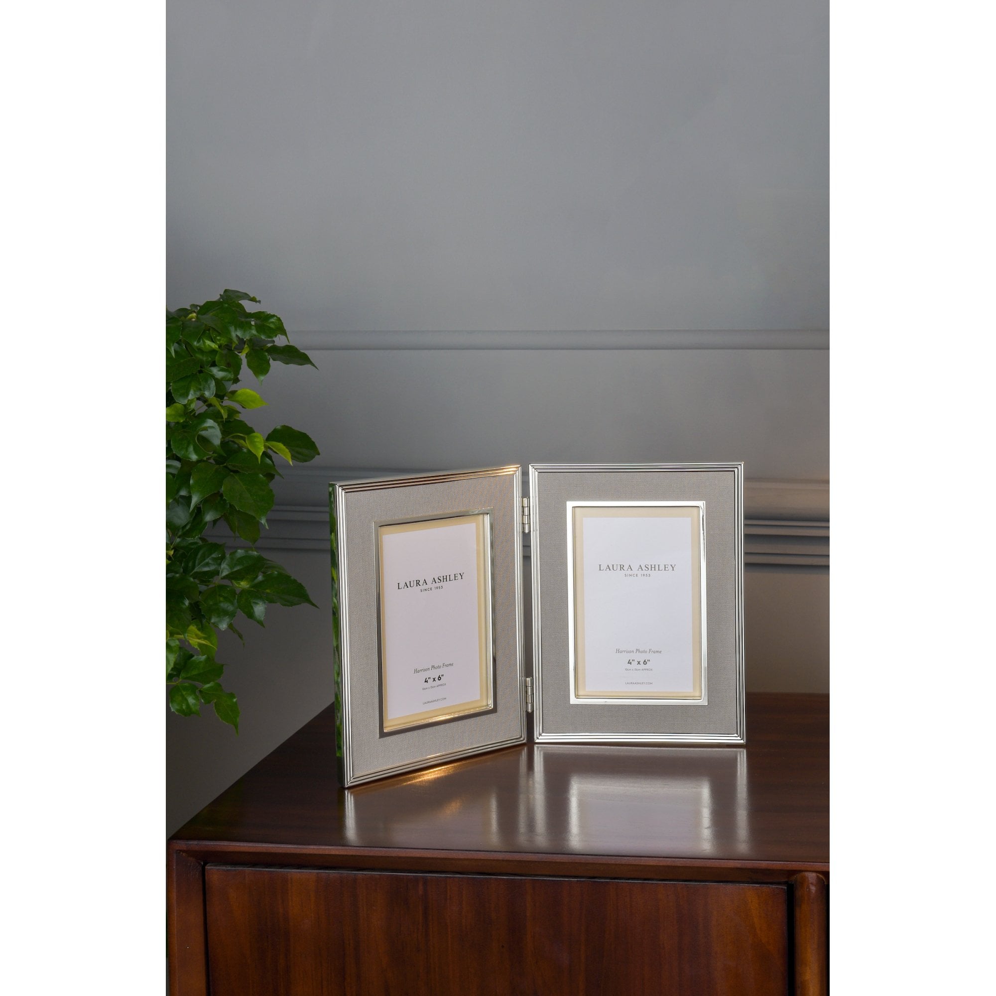 Harrison Double Photo Frame In Polished Silver Finish With Grey Linen Detail 4x6 LA3690957-Q