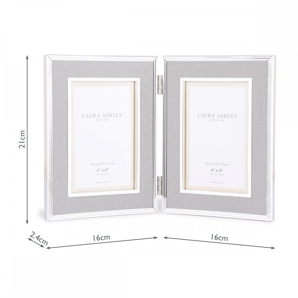 Harrison Double Photo Frame In Polished Silver Finish With Grey Linen Detail 4x6 LA3690957-Q