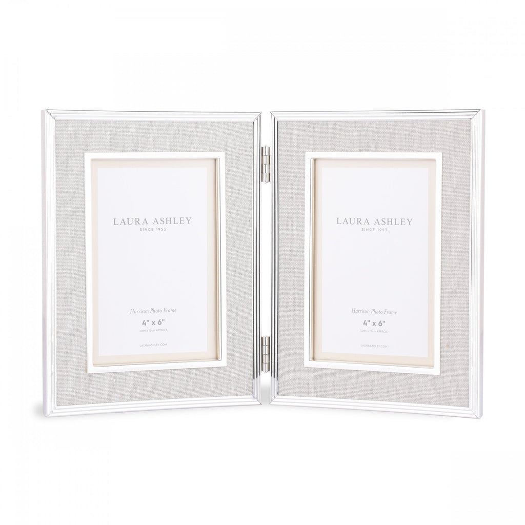 Harrison Double Photo Frame In Polished Silver Finish With Natural Linen Detail 4x6 Inch LA3712479-Q