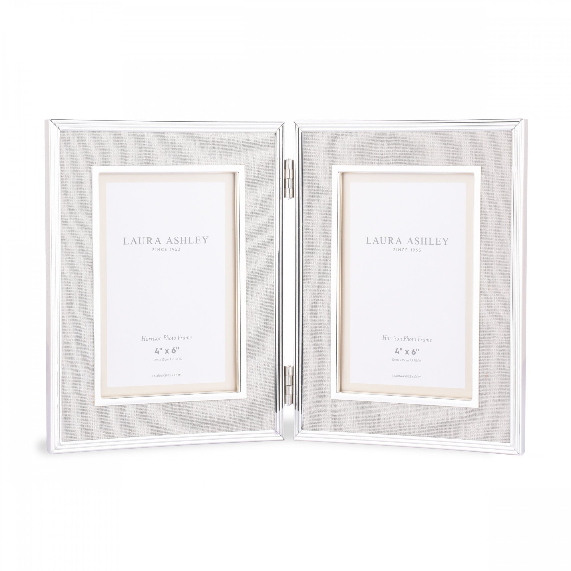 Harrison Double Photo Frame In Polished Silver Finish With Natural Linen Detail 4x6 Inch LA3712479-Q