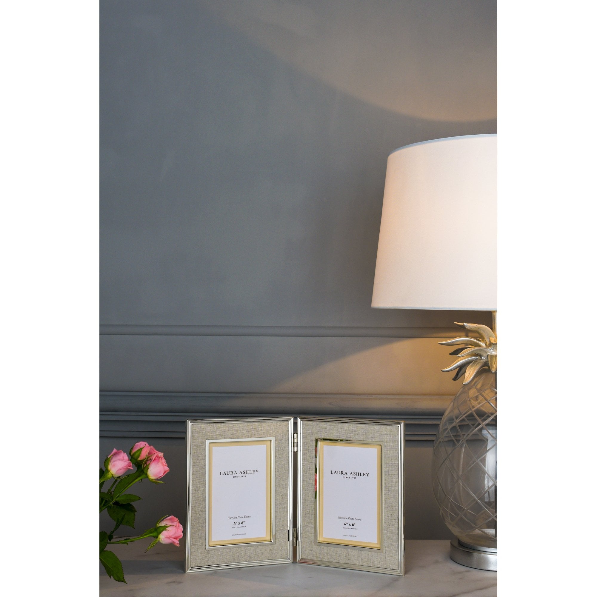Harrison Double Photo Frame In Polished Silver Finish With Natural Linen Detail 4x6 Inch LA3712479-Q