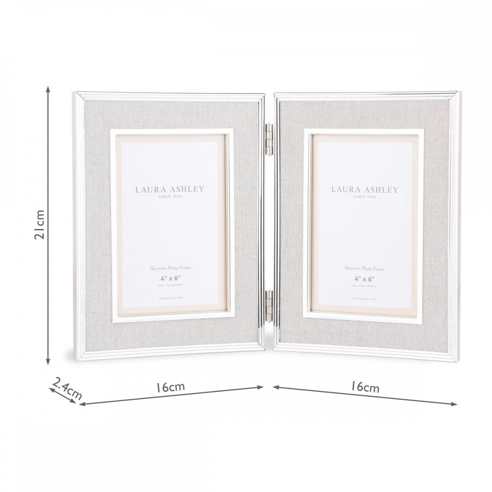 Harrison Double Photo Frame In Polished Silver Finish With Natural Linen Detail 4x6 Inch LA3712479-Q